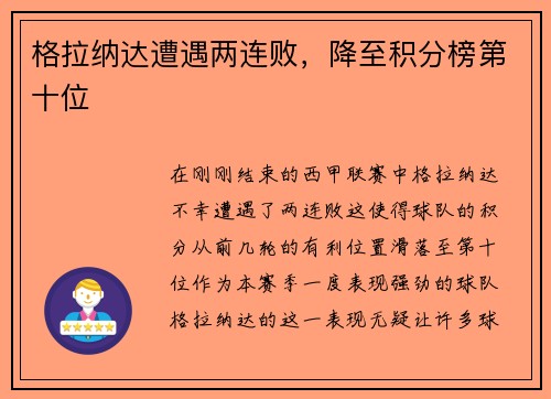 格拉纳达遭遇两连败，降至积分榜第十位