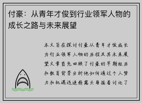 付豪：从青年才俊到行业领军人物的成长之路与未来展望