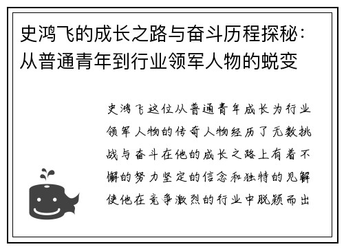 史鸿飞的成长之路与奋斗历程探秘：从普通青年到行业领军人物的蜕变