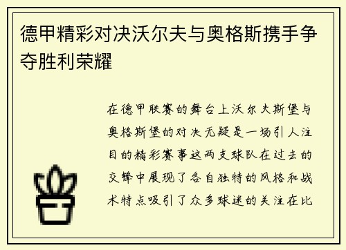 德甲精彩对决沃尔夫与奥格斯携手争夺胜利荣耀