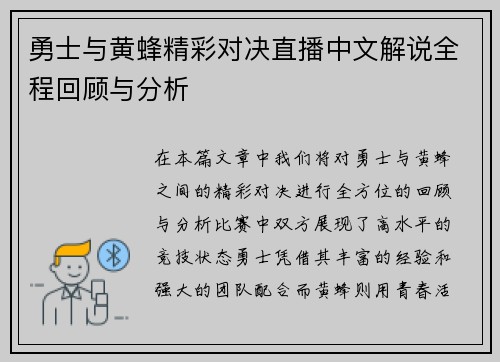 勇士与黄蜂精彩对决直播中文解说全程回顾与分析
