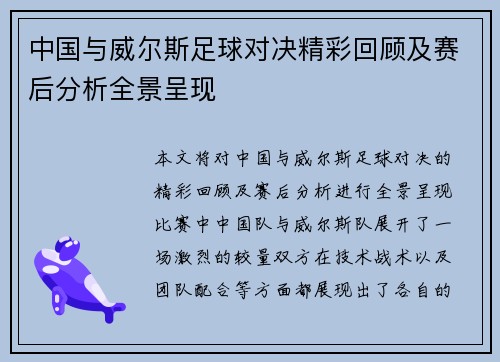 中国与威尔斯足球对决精彩回顾及赛后分析全景呈现