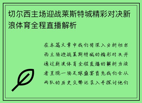 切尔西主场迎战莱斯特城精彩对决新浪体育全程直播解析