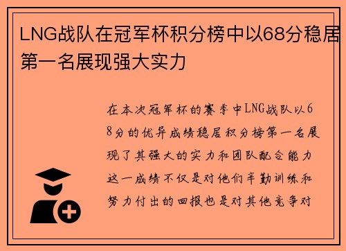 LNG战队在冠军杯积分榜中以68分稳居第一名展现强大实力