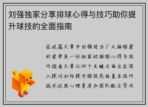 刘强独家分享排球心得与技巧助你提升球技的全面指南