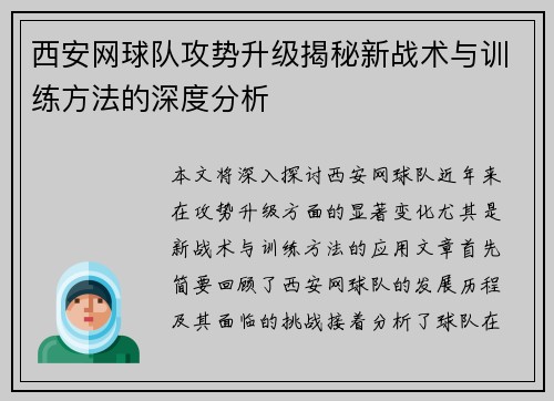 西安网球队攻势升级揭秘新战术与训练方法的深度分析